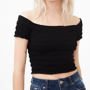 Off the shoulder smocked crop Black tee shirt Wishful Thinking Small